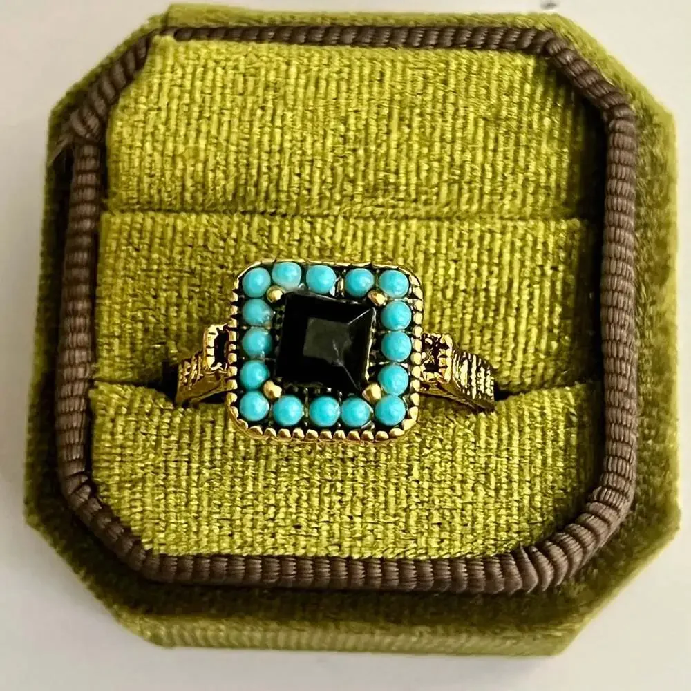Boho Gold Ring Black Onyx Stone Turquoise Beaded Accent Size 9.5